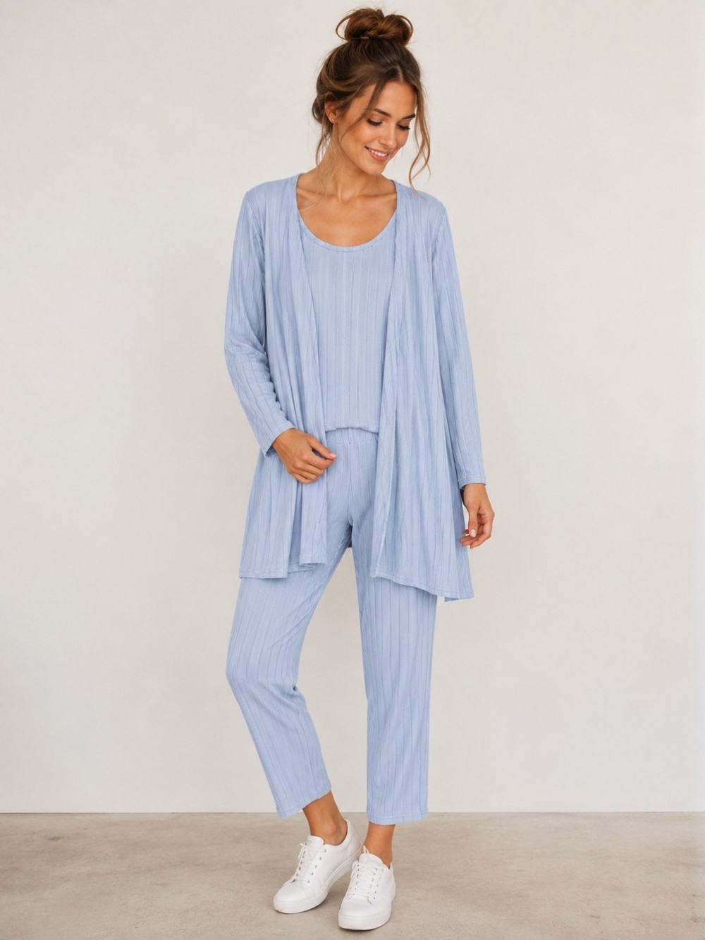 3 Piece Ribbed Lounge Set 2XL Light Blue Cardigan Tank & Pants